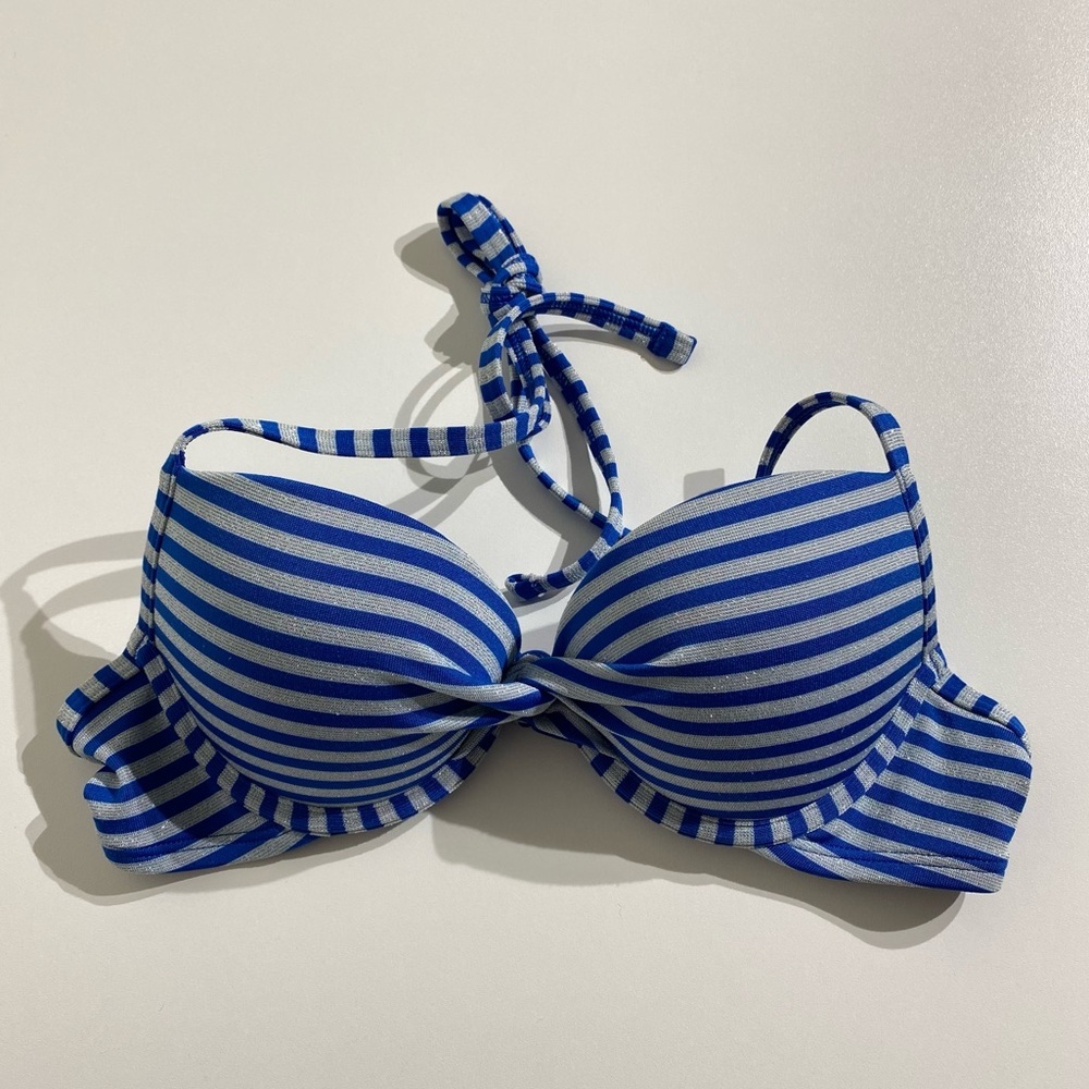 Aerie Bikini Top Twist Front Blue/Silver Stripe 34A